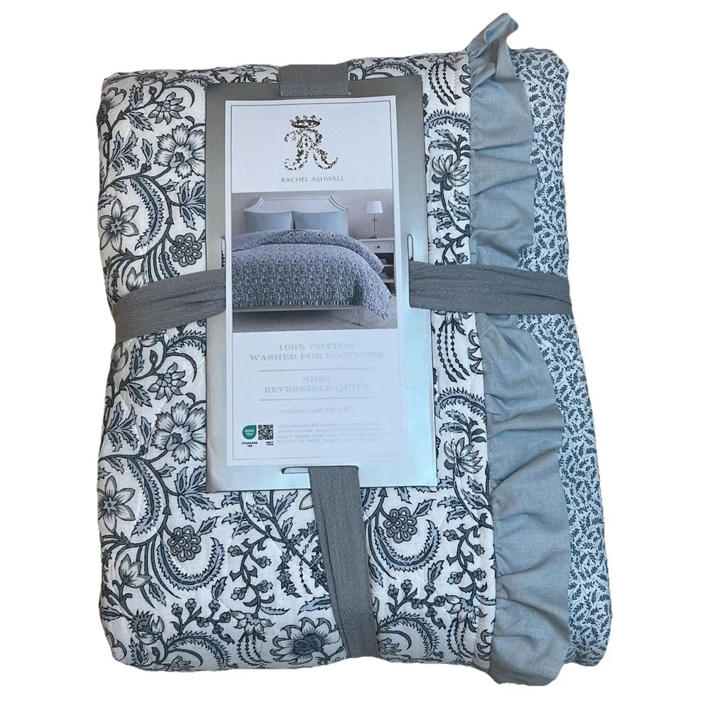 Rachel Ashwell Multicolor Floral Reversible King Quilt Cotton Ruffled 106”x92”
